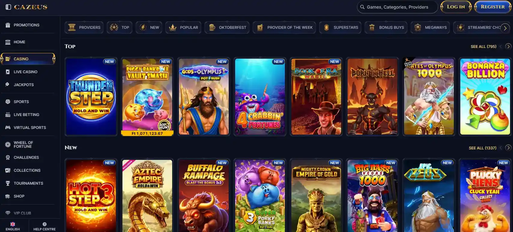 Cazeus game-category navigation showing the current casino lobby filters