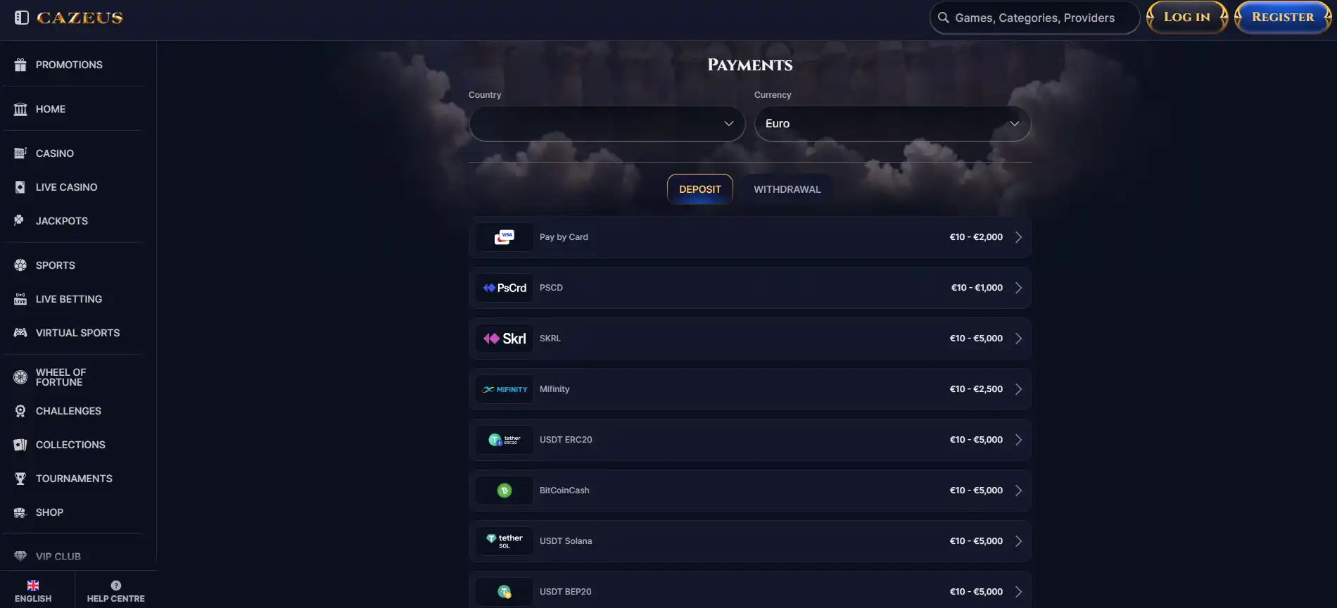 Cazeus payments interface with deposit and withdrawal controls