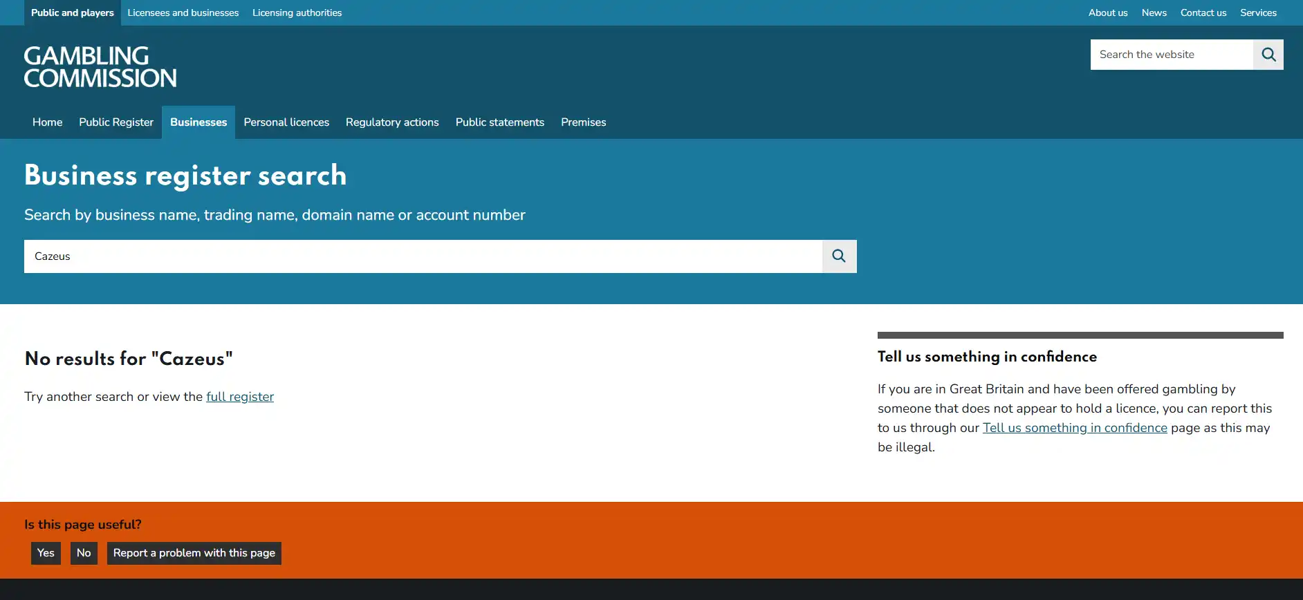 UK Gambling Commission public register search used to check the Cazeus name and domain