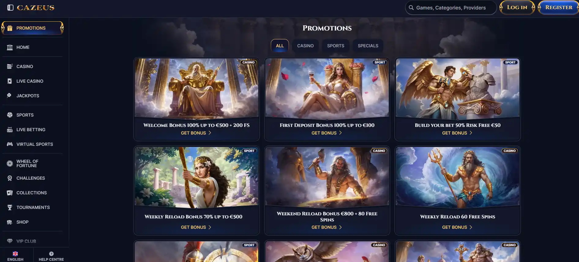 Cazeus promotions page showing current casino and sports offers