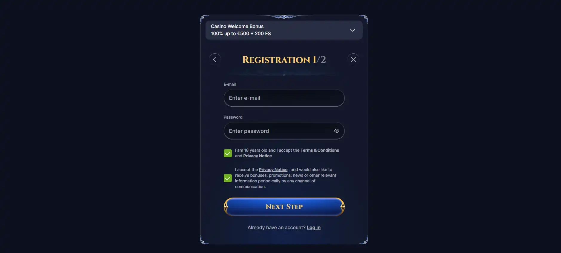 Cazeus account page showing the current welcome-offer selector and login option